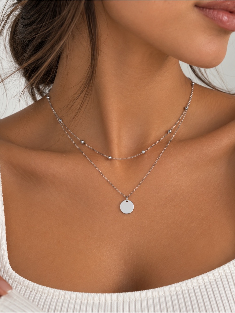 Silver Tone Circle Pendant Layered Necklace